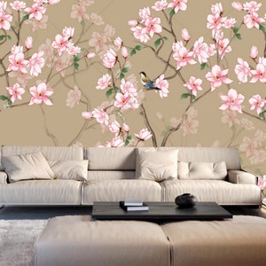 Chinoiserie Cherry Blossom Wallpaper Mural: Pink Floral Bird Wall Decor