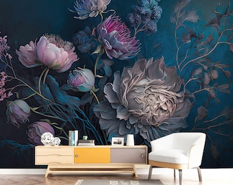 Roze pioen bloemenbehang muurschildering - donkere achtergrond woondecoratie