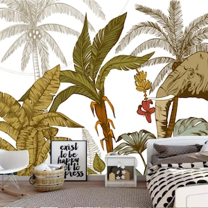 Tropical Floral Babana Leaves Elephant Palm Tree Kids' Children's Babies' Room Nursery Wallpaper Wall Mural Home Decor
