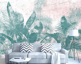 Tropical Green Plants Wallpaper Mural: Peel and Stick Wall Decor