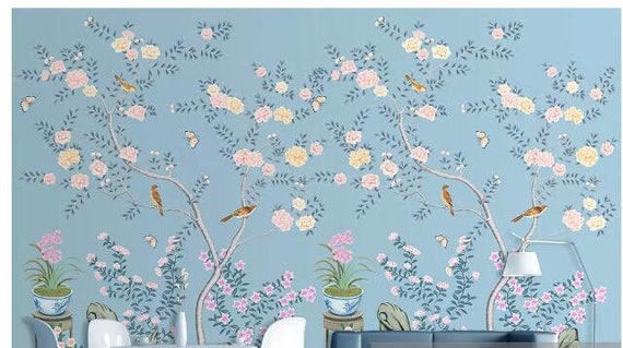 Chinoiserie Light Blue Background Brushwork Flowers and Birds - Etsy