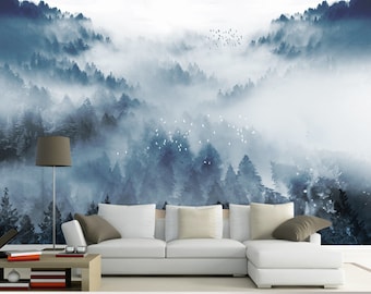 Watercolor Foggy Trees Forest Wallpaper, White Flying Birds Wall Murals, Water and Mountains Wall Decor