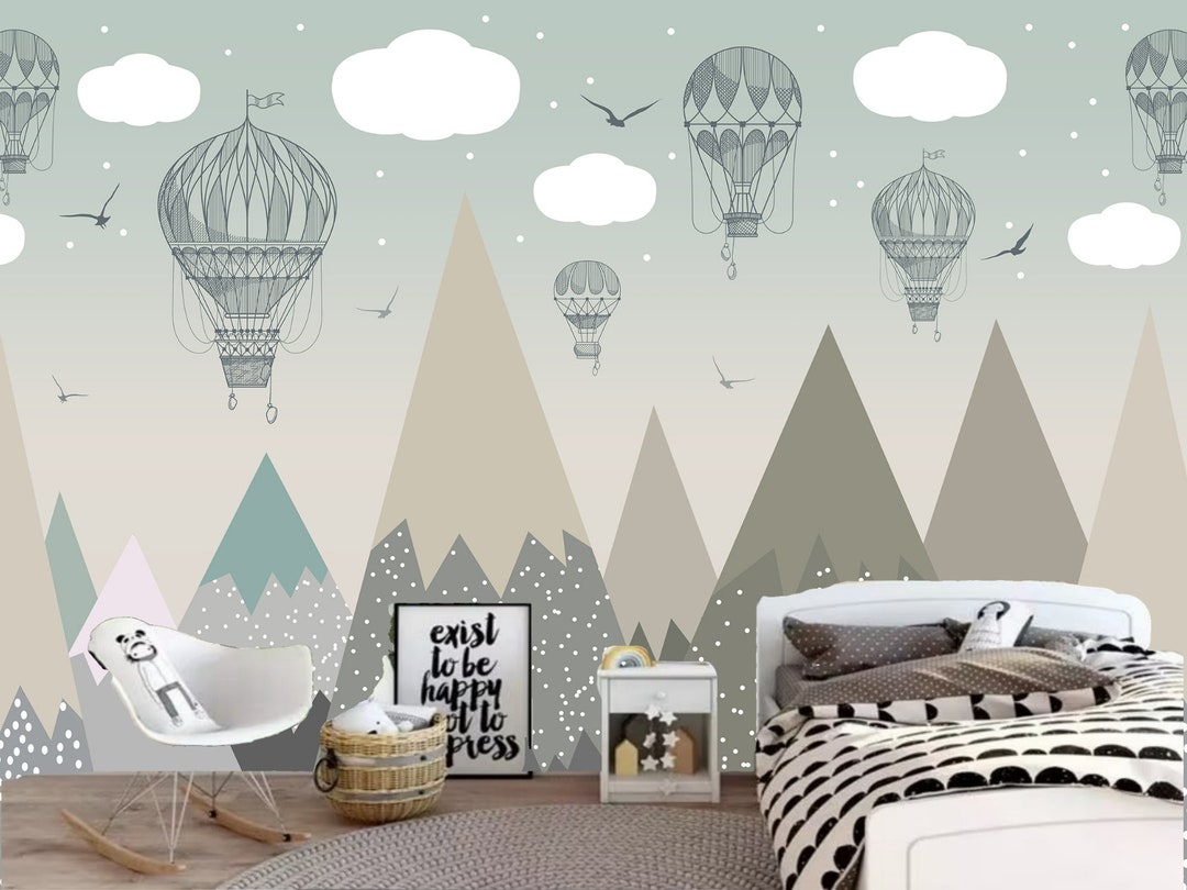 Cartoon Mountain Hot Air Balloon Nursery Wallpaper Mural - Peel & Stick ...