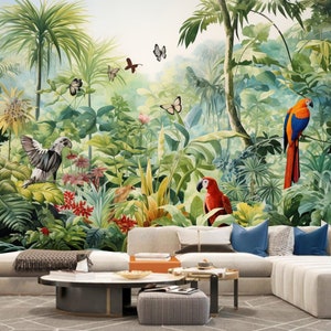Tropical Rainforest Plants and Trees Jungle with Birds Wallpaper Wall Mural Home Decor for Living Room Bedroom or Dinning Room