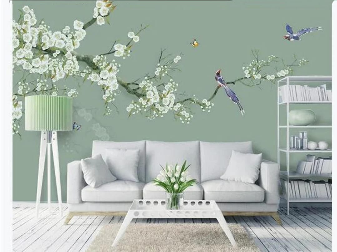 Chinoiserie Hand Painted Hanging Cherry Blossom Tree Wallpaper, Flying ...