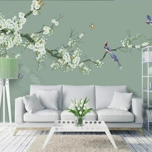 Chinoiserie Hand Painted Hanging Cherry Blossom Tree Wallpaper, Flying Vivid Birds Home Decor Wall Murals