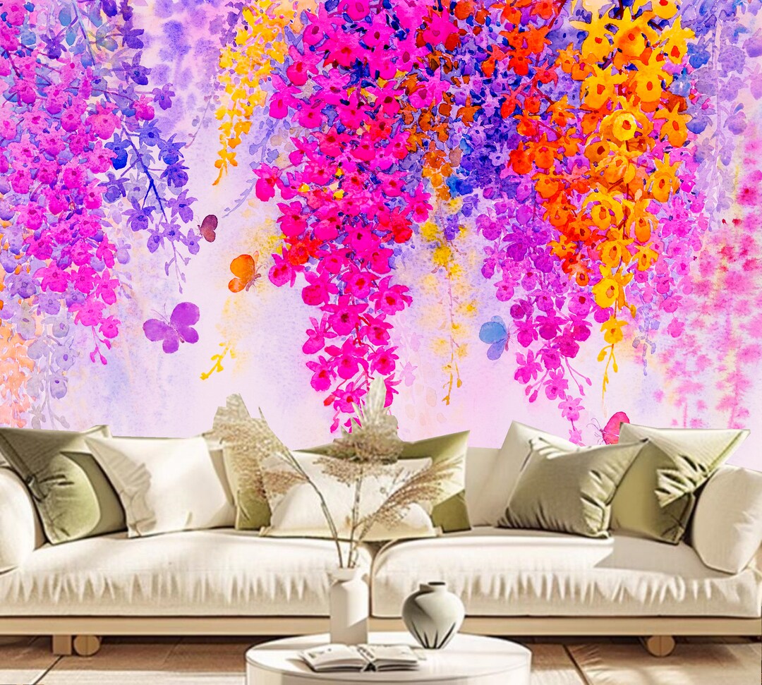 Spring Hanging Colorful Flowers and Vine Wallpaper Wall Mural Wall ...