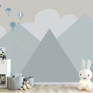 Simple Geometric Mountains Geometric Wallpaper Wall Mural, Modern Triangle Geometric Mountains with Balloons Nursery Kids Wall Mural