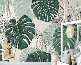 Handpainted Tropical Plants Banana Leaves Leaf Wallpaper, Sketch Banana Leaves Wall Mural Wall Decor for Living or Dinning Room