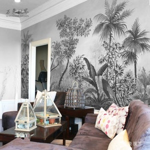 Tropical Rainforest Trees Forest Plants Wallpaper, Hand Painted Flowers Grey Palm Tress Wall Mural for Living or Dinning Room Wallpaper