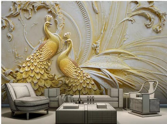 3D Custom Wall Mural Art Wall Painting Gold Two Big Peacocks