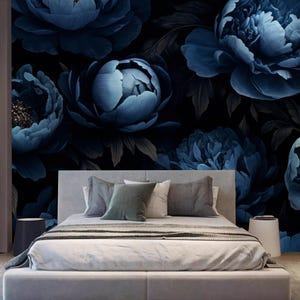 Dark Background Royal Blue Peony Flowers Floral Wallpaper Wall Mural Home Decor for Living or Dinning Room Bedroom