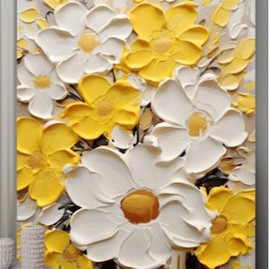 100% Handmade Oil Painting,  Wildflowers Oil Painting, Handmade White and Yellow Flowers Wall Art for Living Room Bedroom (No Frame)