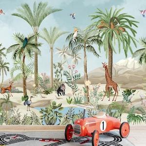 Jungle Animals Wallpaper Mural: Green Palm Tree Nursery Decor