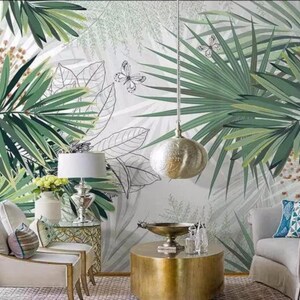 Tropical Banana Leaves Wallpaper, Palm Leaves and Flying Butterflies Wall Murals