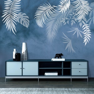 Blue Background Hanging Tropical Leaves Wallpaper Wall Murals Home Decor