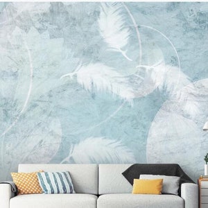 Vintage Light Blue Background White Feathers Wallpaper, Handpainted Beautiful Feathers Wall Murals Wall Decor for Living or Dinning Room