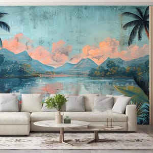 Sunset Tropical Rainforest Coconut Trees with Mountains Landscape Wallpaper Wall Mural Home Decor for Living Room Bedroom or Dinning Room