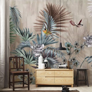 Retro Vintage Tropical Plants Palm Tree Wallpaper, Flying Birds Retro Flowers and Plants Wall Murals Wall Decor