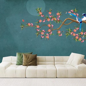 Chinoiserie Brushwork Hanging Plum Flowers with Birds  Wallpaper Wall Murals Home Decor for Living Room Bedroom Dinning Room