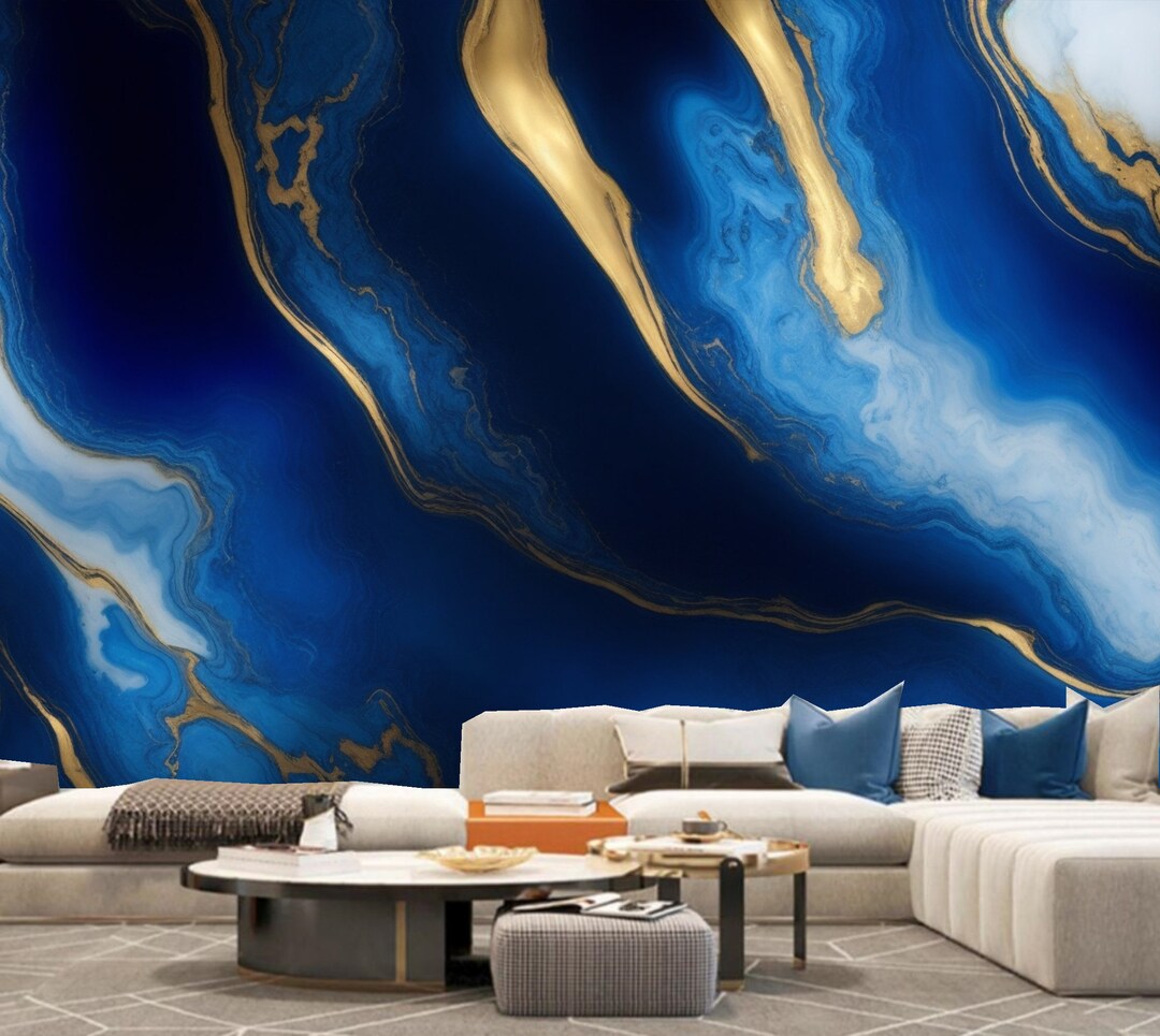 Blue and Gold Marble Wallpaper Mural: Peel and Stick Home Decor - Etsy
