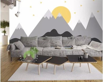 Triangle Geometric Mountains Geometric Wallpaper Wall Mural, Modern Irregular Geometric Mountains with Sunrise Nursery Kids Wall Mural