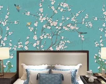 Blue Background Pink Plum Blossom Wallpaper, Flying Birds and Birdcage Wall Mural, Wall Art, Living or Dinning Room Wall Decal, Wall Sticke