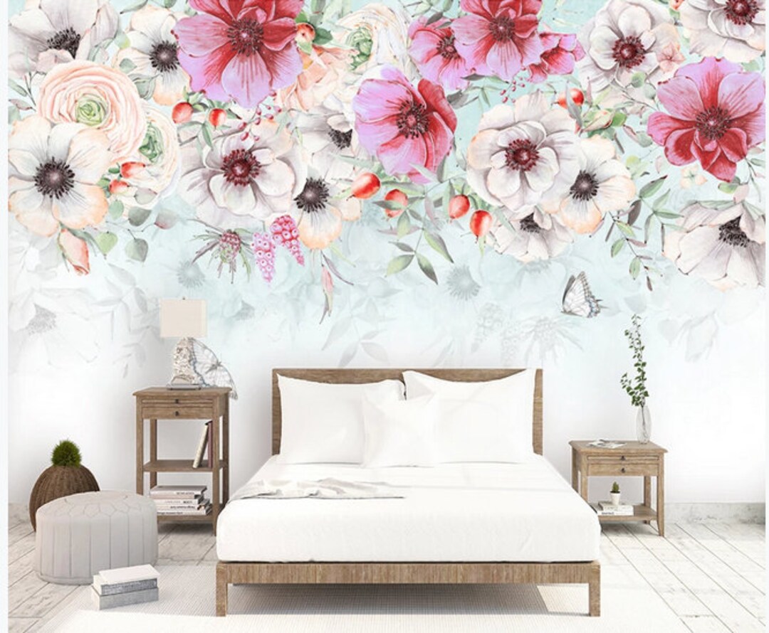Hanging Red and White Flowers Wallpaper Flying Butterfly and - Etsy