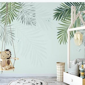 Simple Hanging Palm Leaf Wallpaper, Handpainted Flying Butterfly Palm Leaves Wall Murals Wall Decor