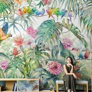 Oil Painting Southeast Asia Tropical Plants and Flowers Wallpaper, Tropical Plants and Vivid Birds Wall Murals Wall Decor