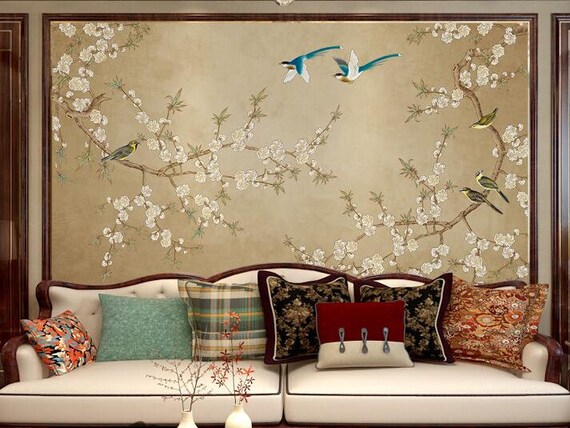 Flying Birds Wall Murals Wall Decor for Living or Dinning Room Chinoiserie Mural Plum Blossom Tree Wallpaper