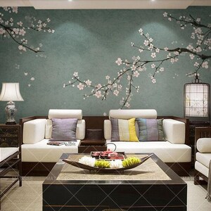 Chinoiserie Dark Green Background Hanging Plum Blossom Tree Wallpaper, Flying Flower Petal Home Decor Wall Murals