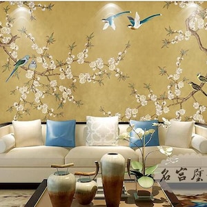 Chinoiserie Brushwork Hand Painted Hanging Cherry Tree and Birds Wallpaper, Vivid BirdsWall Murals Wall Decor