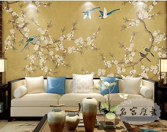 Chinoiserie Brushwork Hand Painted Hanging Cherry Tree and Birds Wallpaper, Vivid BirdsWall Murals Wall Decor