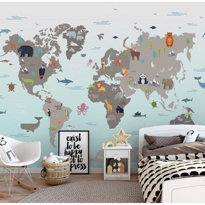 Papier peint carte du monde dessin animé, décoration murale carte animaux dessin animé, art mural royaume des animaux dessin animé, papier peint chambre d'enfants et de chambre d'enfants