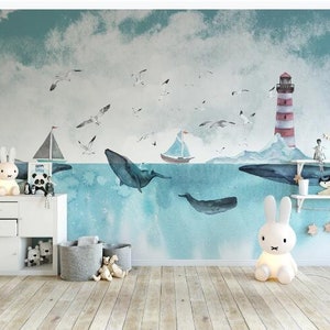 Simple Cartoon Whale Sea Nursery Tower Wallpaper, Blue Background Flying Seagulls and Boats Wall Murals Wall Decor