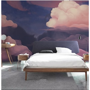 Handpainted Creative Clouds Wallpaper, Grey and Blue Colorful Wall Murals Wall Decor for Living or Dinning Room