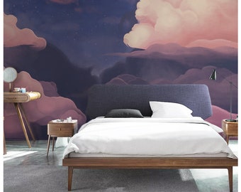 Handpainted Creative Clouds Wallpaper, Grey and Blue Colorful Wall Murals Wall Decor for Living or Dinning Room