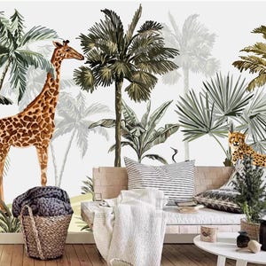 Cartoon Plam Tree Plants with Giraffe Animals Wallpaper Wall Mural Home Decor
