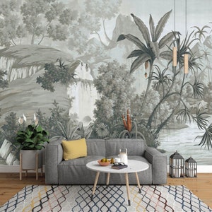Papier peint forêt tropicale, décoration murale vintage gris avec de grands arbres avec de l'eau et des plantes, décoration murale murale pour salon ou chambre