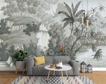 Tropical Rainforest Wallpaper, Vintage Grey Huge Trees with Water and Plants Scenery Wall Mural, Living Room or Bedroom Wallpaper Wall Mural
