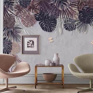 Tropical Rain Forest Hanging Leaves Wallpaper, Flying Butterflies and Banana Leaves Wall Murals for Living or Dinning Room Wallpaper