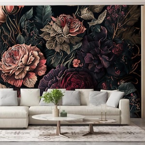 Dark Background Red Roses Flowers Floral Wallpaper Wall Mural Home Decor for Living Bedroom or Dinning Room