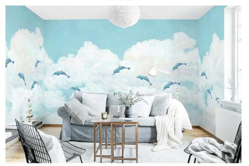 Hand Painted Blue Background Boy's Kids Nursery Wallpaper Etsy