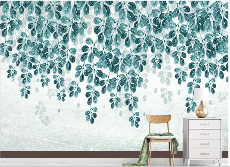 Fresh Watercolor Hanging Leaves Wallpaper Hanging Dark Green Etsy
