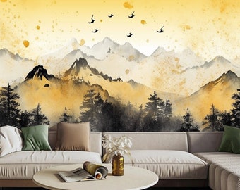 Cartoon Pine Trees with Yellow Mountains and Flying Birds Wall Mural Wall Decor for Living Room Bedroom or Dinning Room