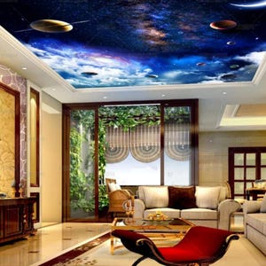 Starry Sky Planets Universe and Clouds Ceiling Wallpaper Wall Mural Hotel Restaurant Living Room