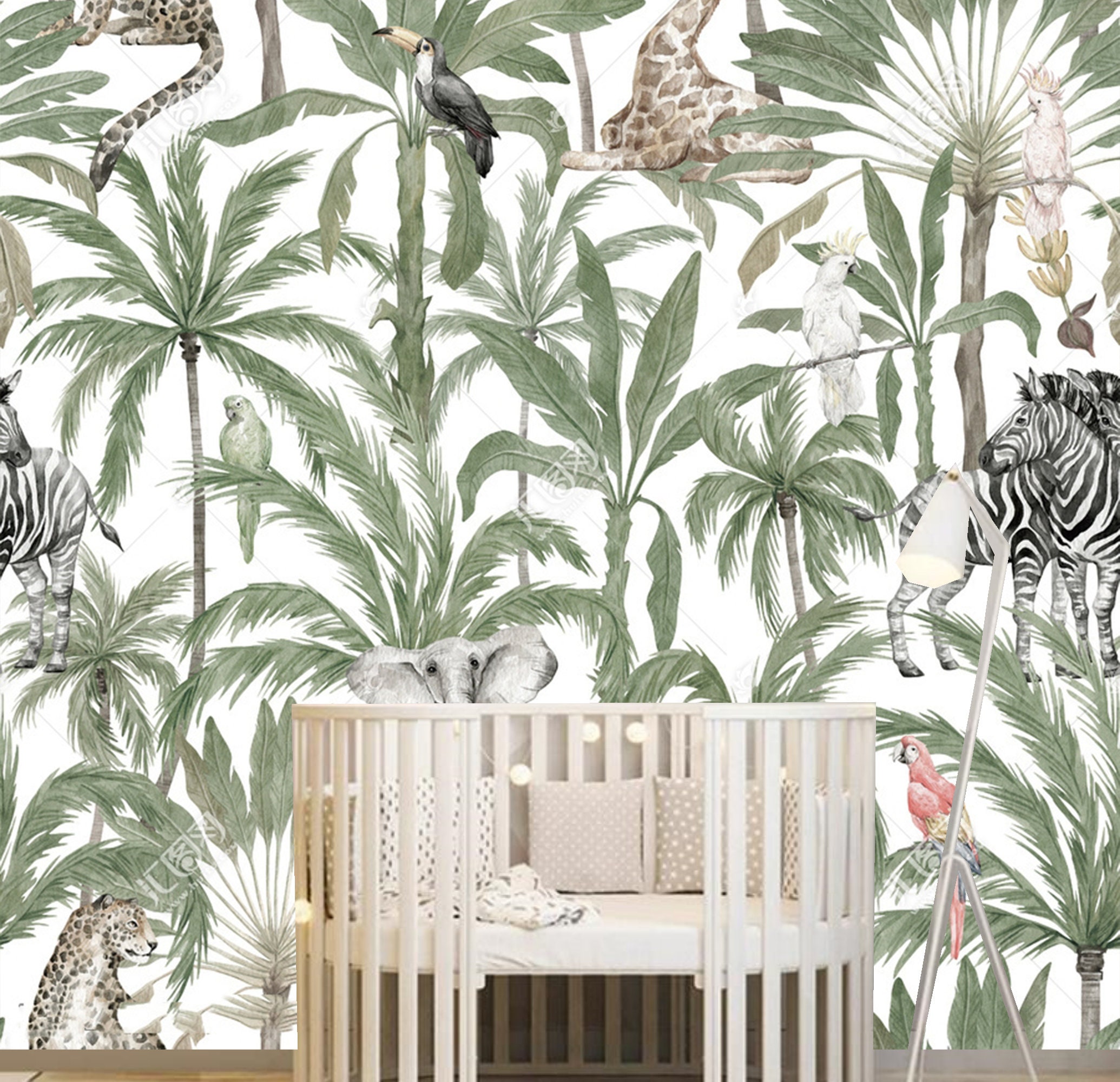 Jungle Animals Wallpaper Mural: Tropical Nursery Decor (peel and Stick ...
