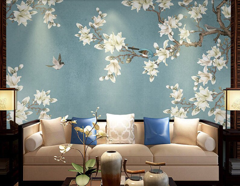 Chinoiserie Brushwork Hanging Magnolia Wallpaper Vivid Birds Etsy
