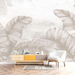 Abstract Light Grey Banana Leaves Wallpaper Wall Mural Home Decor